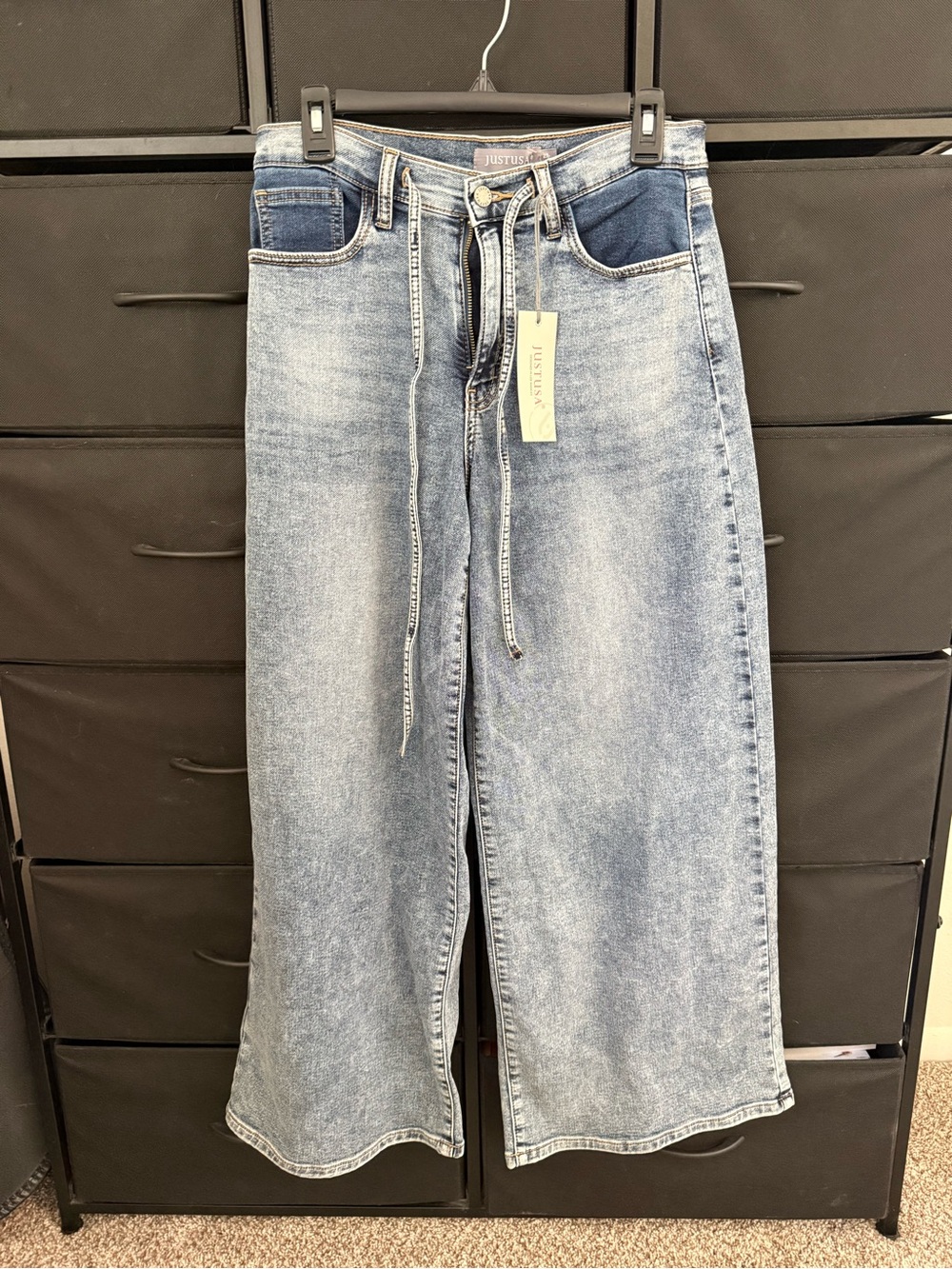 Just USA Two-Tone Light Blue Wide Leg Jeans with Tie Front